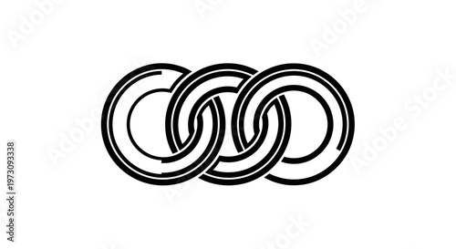 Interlocking black rings on a white background create a complex geometric pattern