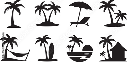 Collection of tropical beach vacation silhouettes including palm trees, hammock, surfboard, beach chair and umbrella.