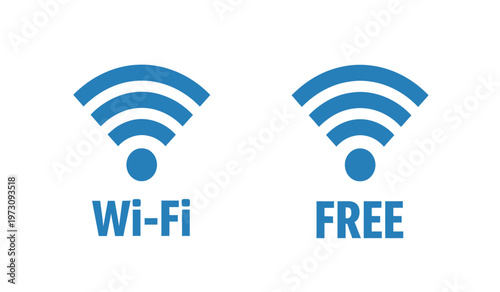 This image displays two blue wifi signal icons accompanied by the words wi fi and free indicating complimentary internet access high quality professional detailed
