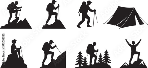 Group of adventurous hikers and climbers reaching mountain peaks with backpacks and trekking poles.