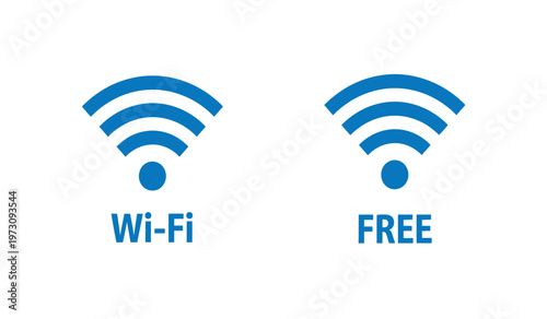 A simple graphic displays two blue wi fi symbols alongside the text wi fi and free indicating available wireless internet access high quality professional