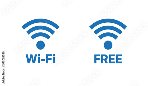 This image displays a standard wi fi symbol paired with the word wi fi and another symbol labeled free indicating complimentary wireless internet access