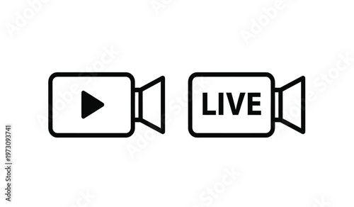 This illustration depicts two simple black and white video camera icons one with a play button and the other indicating a live broadcast