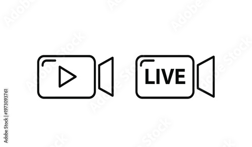This image displays two simple black and white line icons representing video playback and live streaming functionality side by side high quality professional detailed