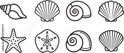 Simple line drawings of various birds, crab, and flowers in black and white Vector