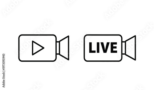 This image depicts two simple black and white line art icons representing video cameras one with a play symbol and the other labeled live