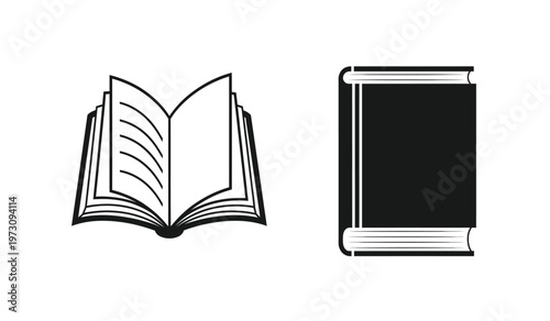 A minimalist black and white graphic depicts two books one open with visible pages and another closed suggesting reading and knowledge high quality professional