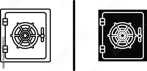 A black and white illustration of a safe with a modern design