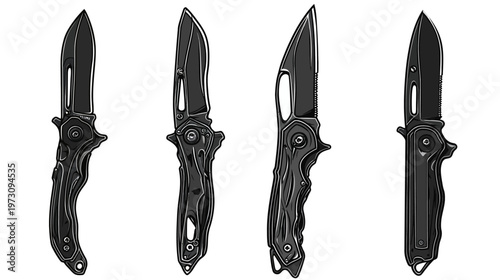 Monochrome illustration of four folding knives with various blade and handle designs