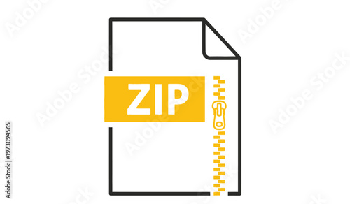 A simple flat vector illustration depicts a white document with a bright yellow zip closure symbolizing compressed files high quality professional detailed modern elegant