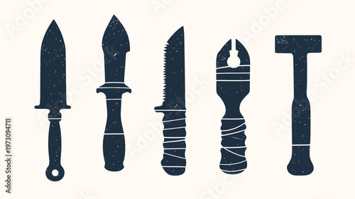 Silhouetted illustration of various bladed implements and a hammer, each with a textured, vintage look
