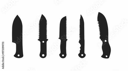 Black silhouettes of five different knives with varying blade styles on a plain white background