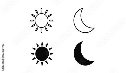 A minimalist illustration depicts both the sun and moon in two variations outlined and filled representing celestial bodies high quality professional detailed modern elegant