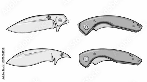 A grayscale vector illustration displaying two open folding knives from multiple angles