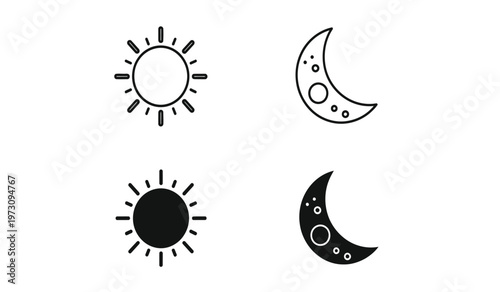A simple graphic depicts a contrasting pair of celestial bodies a bright sun and crescent moon both in light and dark variations high quality
