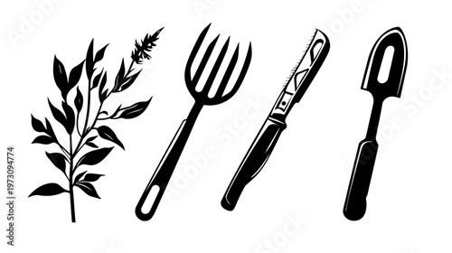 A black and white illustration of gardening tools and foliage elements on a white background