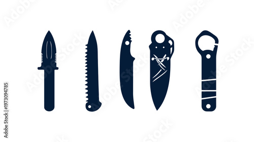 Silhouetted illustration of various tools, blades, and implements against a white background