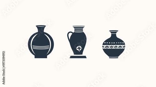 Three stylized, dark-colored vases with various shapes and minimalist designs against a neutral background