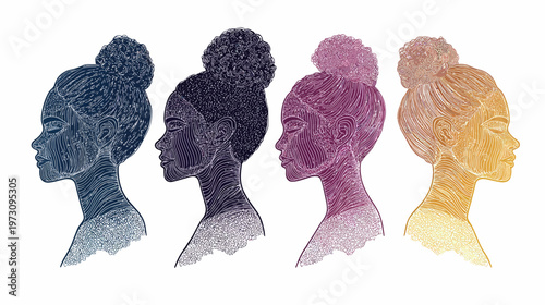 Four stylized profile portraits of women with buns in gradient colored schemes