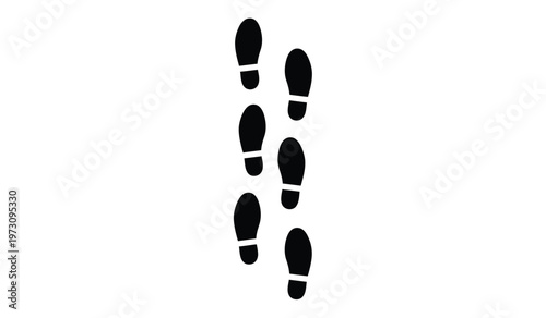 A minimalist image features a trail of six black footprints arranged in a slightly curved vertical line against a stark white background high quality