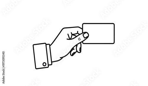 A simple black and white line drawing depicts a hand holding and presenting a rectangular card or blank piece of paper high quality professional