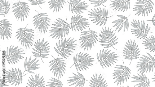 Minimalist seamless pattern featuring various grey palm leaves and tropical foliage scattered across a clean white background.