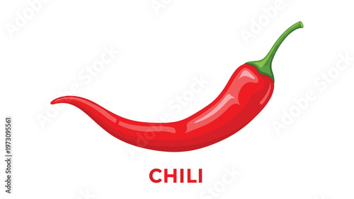 Bright red hot chili pepper illustration with a green stem and the text chili below it on a plain white background.