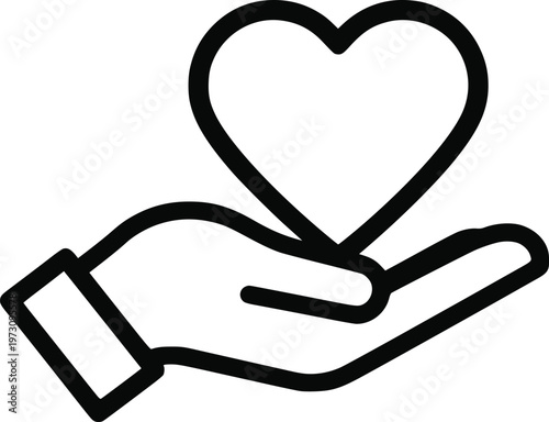 Line icon of a hand holding a solid heart symbol