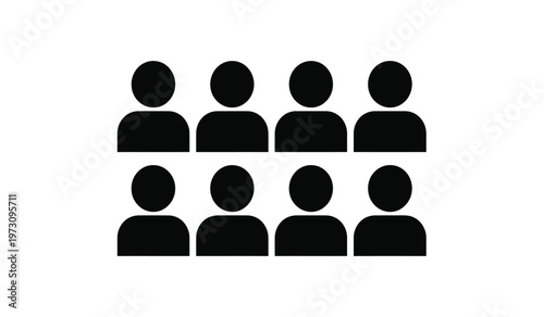 A minimalist black and white graphic depicts eight identical silhouetted figures arranged in two rows of four suggesting a group high quality professional detailed