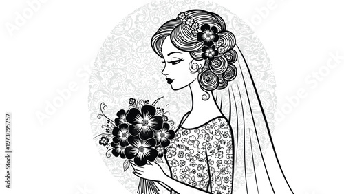 Elegant black and white illustration of a beautiful bride in profile wearing a veil and holding a floral bouquet.
