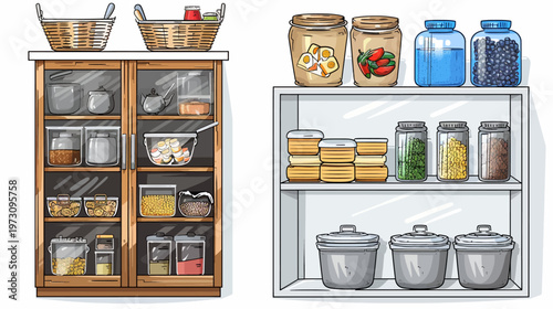Cartoon illustration of two shelving units with various foods, kitchen supplies, and containers