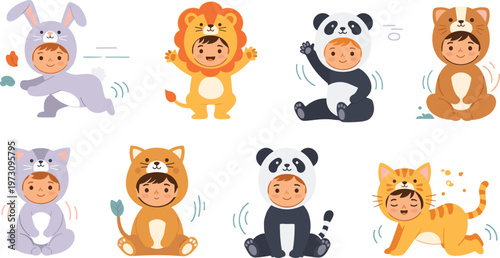 Cute Kids Wearing Animal Costumes Including Lion Panda Cat and Bunny with Playful Poses in Adorable Cartoon Style Illustration Set.