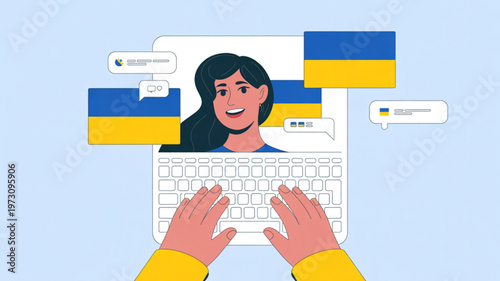 Person typing on keyboard with ukrainian flag and woman on screen for online communication and translation