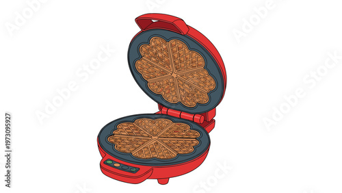 Modern red heart shaped waffle maker opened to reveal freshly cooked golden brown waffles ready for a delicious breakfast meal.