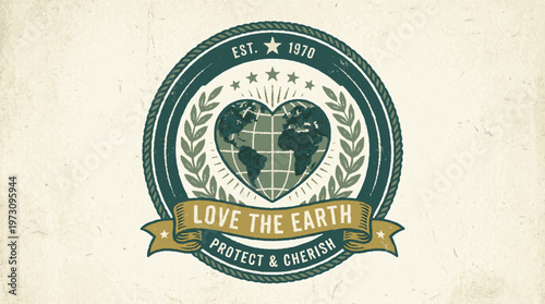 Vintage eco badge with heart shaped globe and 'love the earth' slogan on beige background