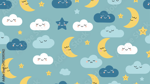 Sweet bedtime seamless pattern featuring smiling crescent moons fluffy clouds and twinkling stars on a calming blue background.