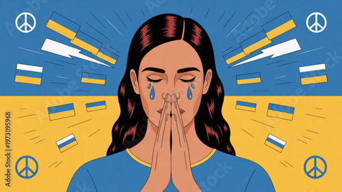 Sad woman praying with peace signs and cigarette butts around her conveying a sense of distress and smoking cessation