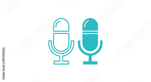 A simple graphic displays two teal colored microphone icons side by side on a stark white background representing audio recording or podcasting high quality