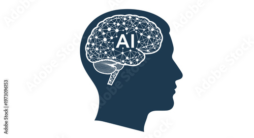 A stylized illustration depicts a human head in profile with a network of connecting nodes filling the brain cavity labeled ai high quality professional