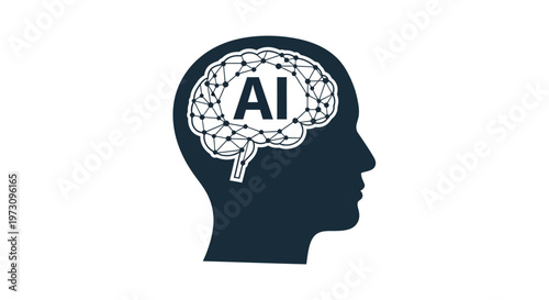 A dark blue silhouette of a human head contains a network of lines and nodes with the letters ai prominently displayed within high quality