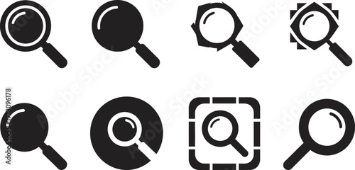 Collection of black magnifying glass icons representing search investigation and detailed examination concepts