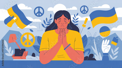 Woman praying with hands together in front of face surrounded by ukrainian flags peace signs and symbols of hope and solidarity conveying a sense of calm and support