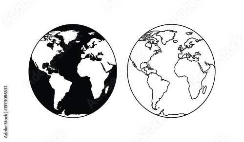 This graphic displays two circular representations of earth one fully shaded black and the other as a white outline contrasting geographical depictions high quality