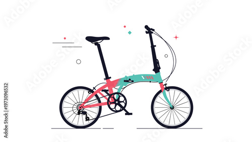 Modern folding bicycle design in mint green and coral red colors is shown as a flat vector illustration for urban transport.