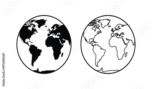 This stark black and white illustration depicts two circular representations of earth showcasing continents and coastlines with differing levels of detail high quality professional