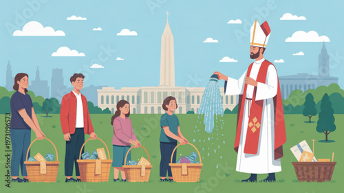 Bishop blessing food baskets outdoors in washington dc with family
