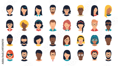 Comprehensive collection of thirty-two diverse human head avatars representing various ethnicities, hairstyles, and accessories in flat style.