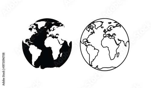 This image presents two depictions of earth one a solid black silhouette and the other a detailed line drawing of continents high quality professional