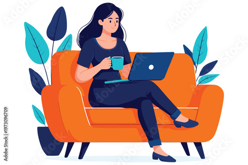 Woman works on laptop in a comfy orange sofa, surrounded by plants.
