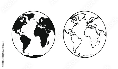 This graphic depicts two circular representations of earth one filled and one outlined showcasing continents and landmasses in contrasting styles high quality professional detailed